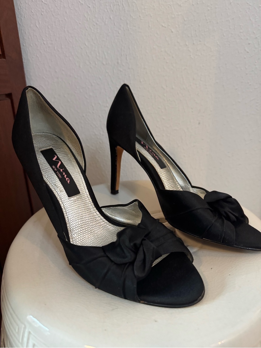 Nina Black Satin Peep-Toe Heels with Front Knot